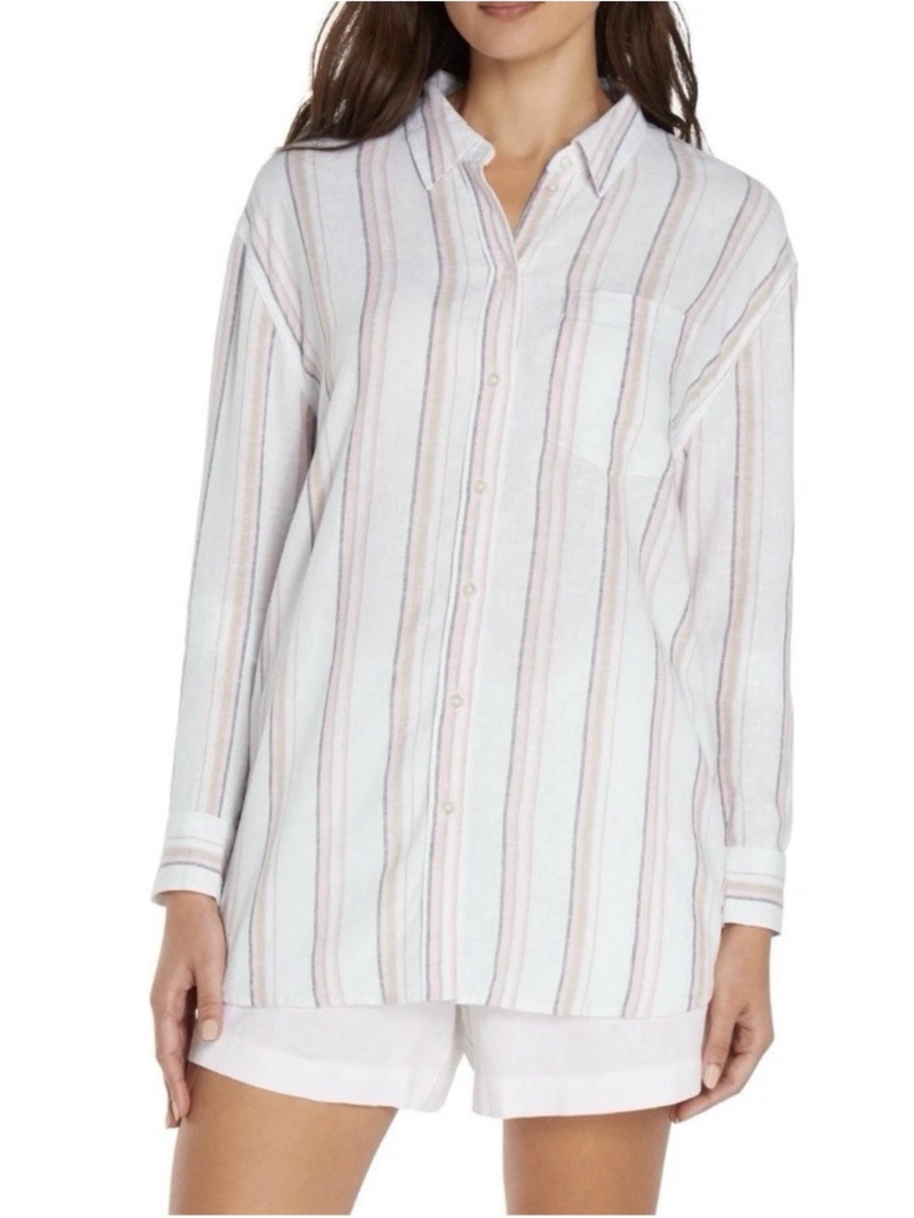 GAP Linen-Blend Button Down Shirt in White and Pink Stripes NEW XSmall
